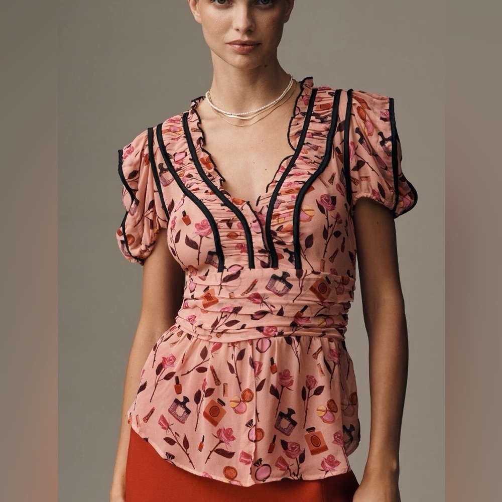 Anthropologie Anisa Makhoul × Maeve V-Neck Puff-Sleeve Printed Blouse Medium